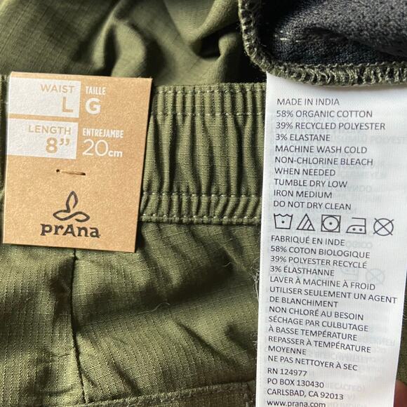 Prana Double Peak E-Waist 8" Short Men's L Cargo Green Standard Fit Drawstring - Picture 6 of 9